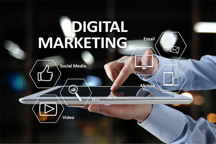 An illustration of digital marketing elements such as social media icons, search engine optimization, content creation, and email marketing, symbolizing the use of online platforms to promote businesses and engage customers.