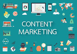 Visual representation of content marketing featuring a laptop with text, images, and video icons, surrounded by engagement and analytics symbols.