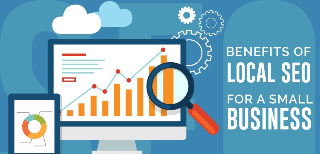 Illustration of an SEO checklist for small businesses, including tasks like keyword research, on-page optimization, local SEO, and analytics tracking.